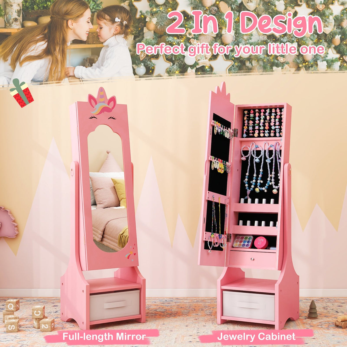 Kids Jewelry Cabinet with Full-Length Mirror for Kids Bedroom and Playroom-Pink view 7