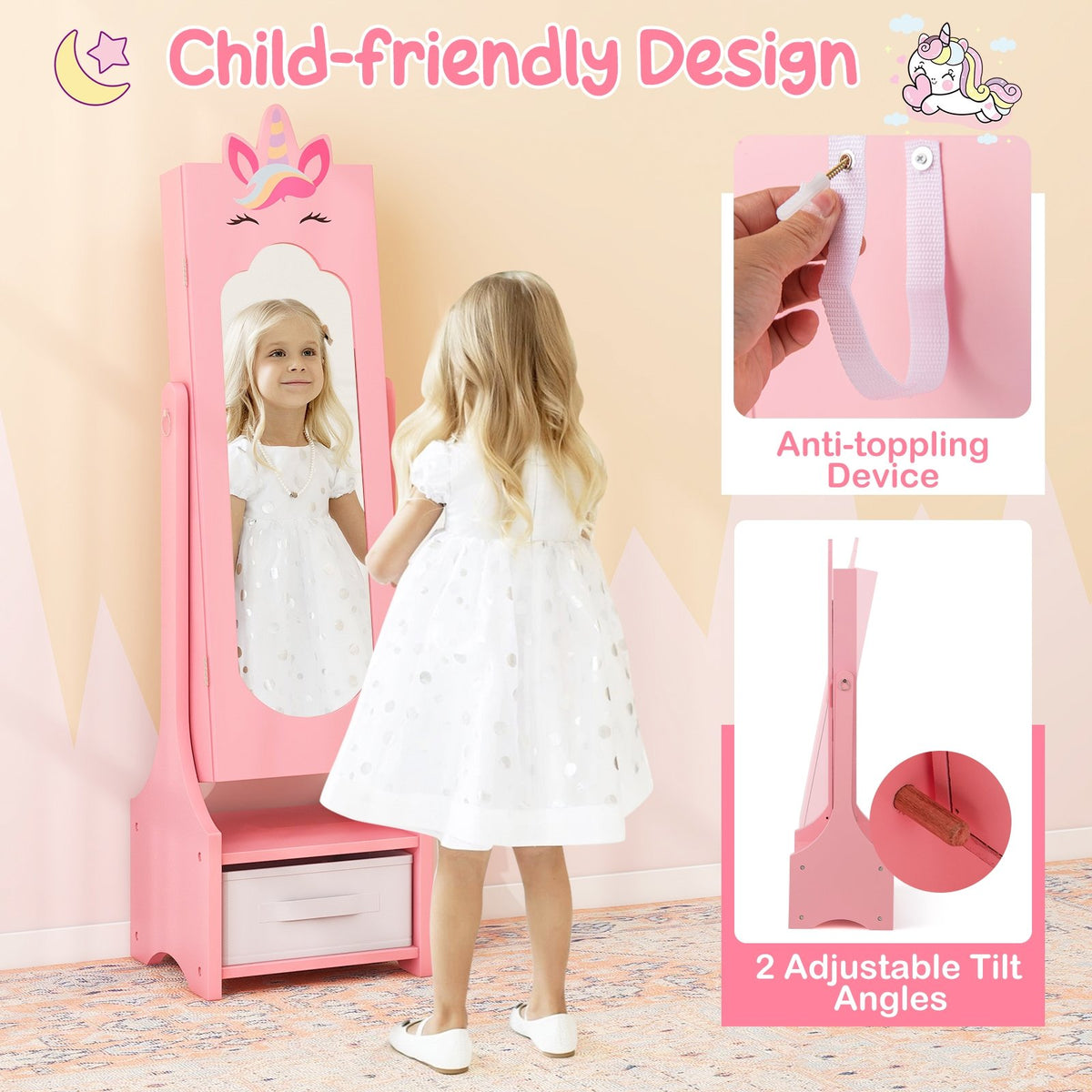 Kids Jewelry Cabinet with Full-Length Mirror for Kids Bedroom and Playroom-Pink view 8