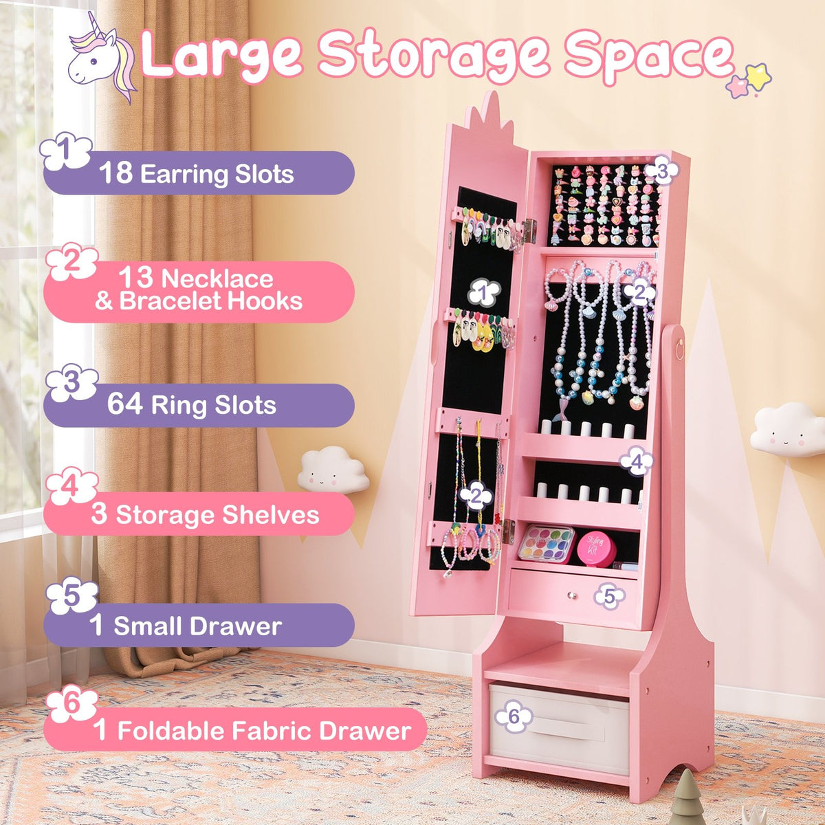 Kids Jewelry Cabinet with Full-Length Mirror for Kids Bedroom and Playroom-Pink view 9