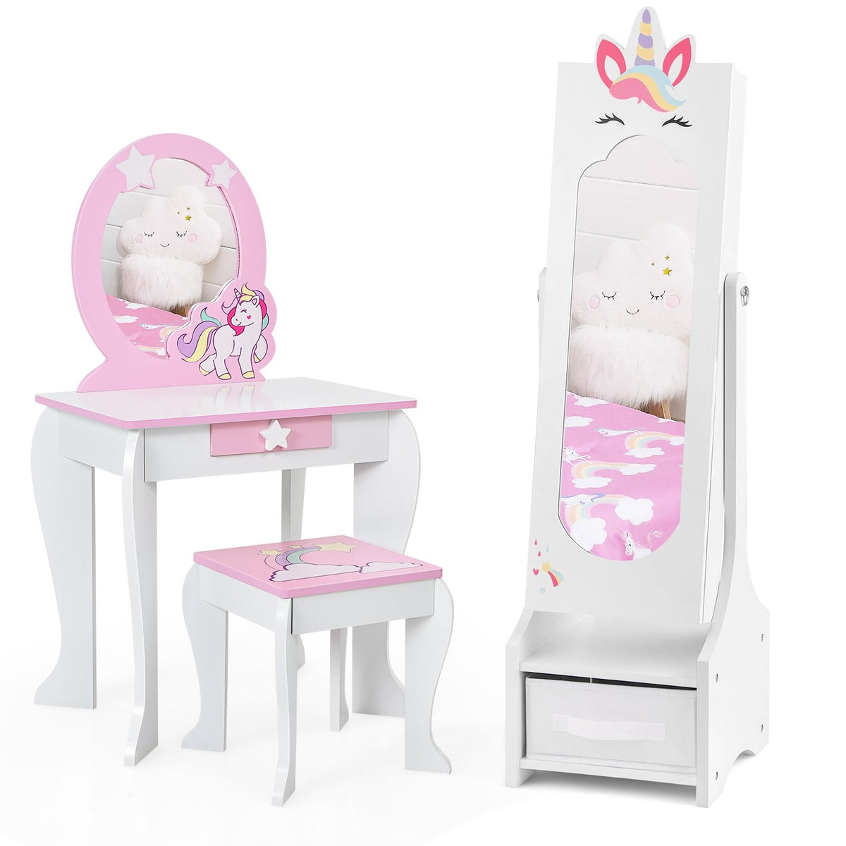 Kids Jewelry Cabinet with Full-Length Mirror for Kids Bedroom and Playroom-White view 4