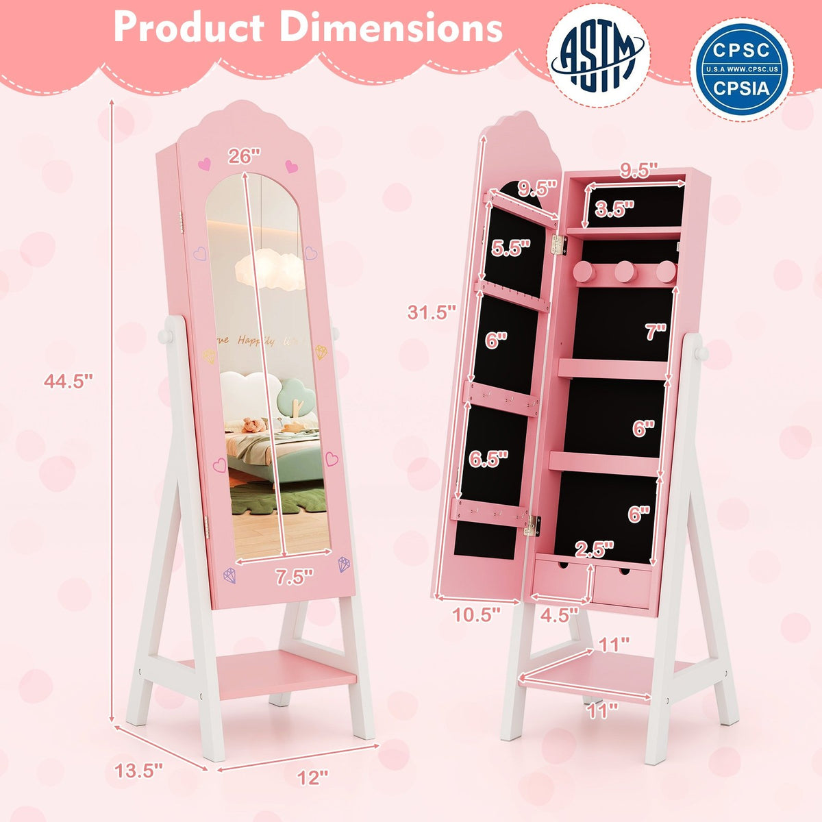 Kids Jewelry Organizer with Full Length Mirror Drawers and Storage Shelves-Pink view 4