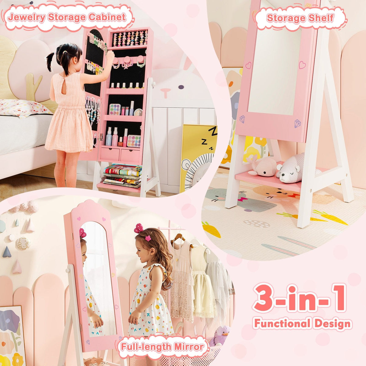 Kids Jewelry Organizer with Full Length Mirror Drawers and Storage Shelves-Pink view 6