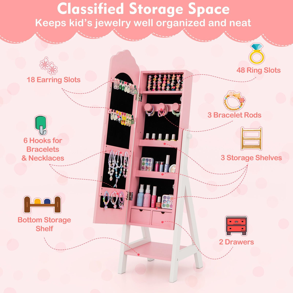 Kids Jewelry Organizer with Full Length Mirror Drawers and Storage Shelves-Pink view 7