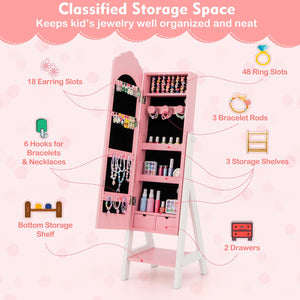 Kids Jewelry Organizer with Full Length Mirror Drawers and Storage Shelves-Pink view 7