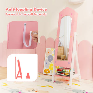 Kids Jewelry Organizer with Full Length Mirror Drawers and Storage Shelves-Pink view 8