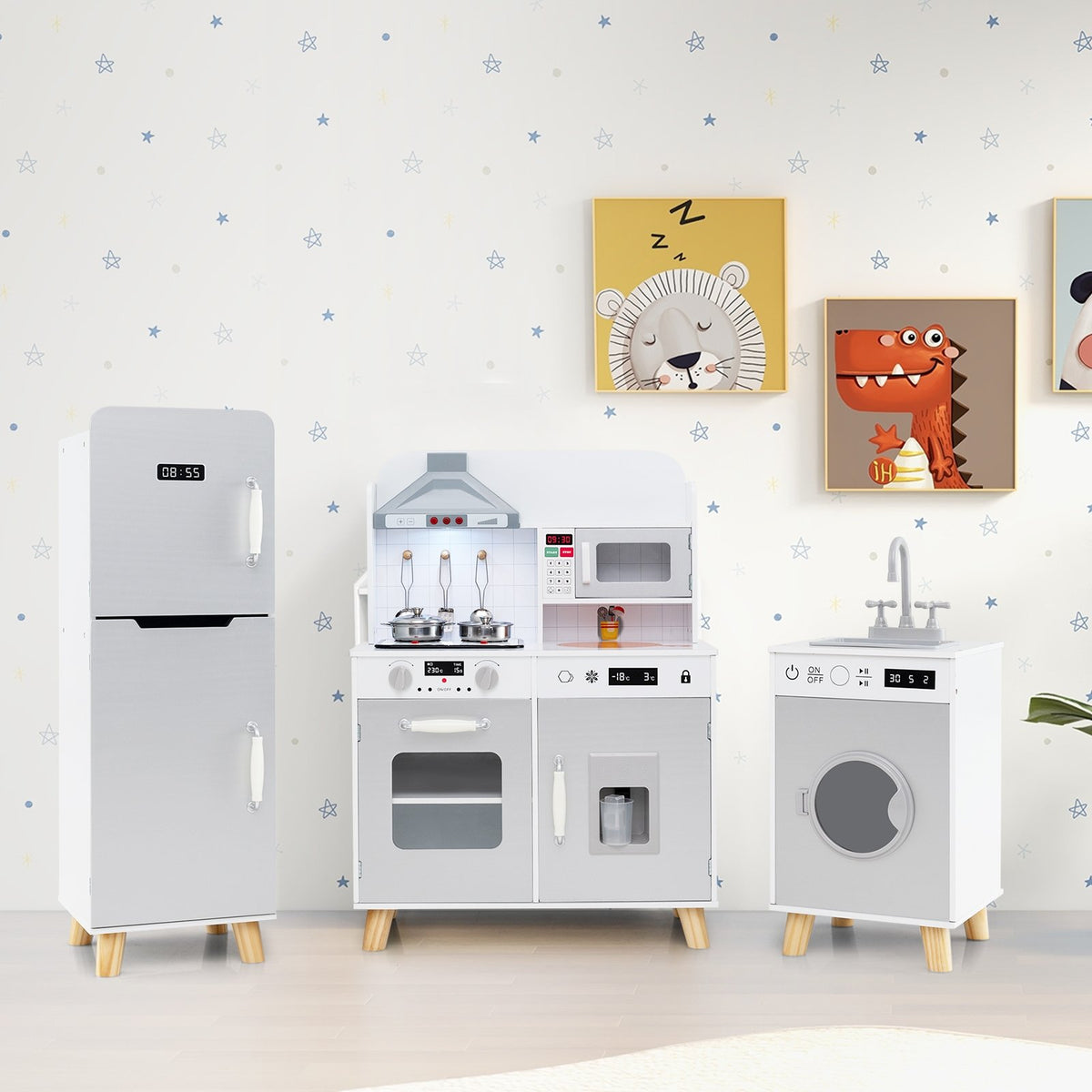 Kids Kitchen Playset 3-in-1 with Refrigerator and Washing Machine-Gray view 3