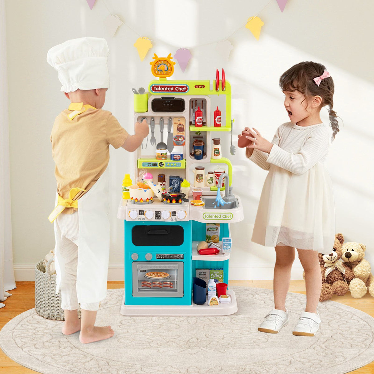 Kids Kitchen Playset Pretend Play Kitchen with Realistic Sounds and Lights-Blue view 2