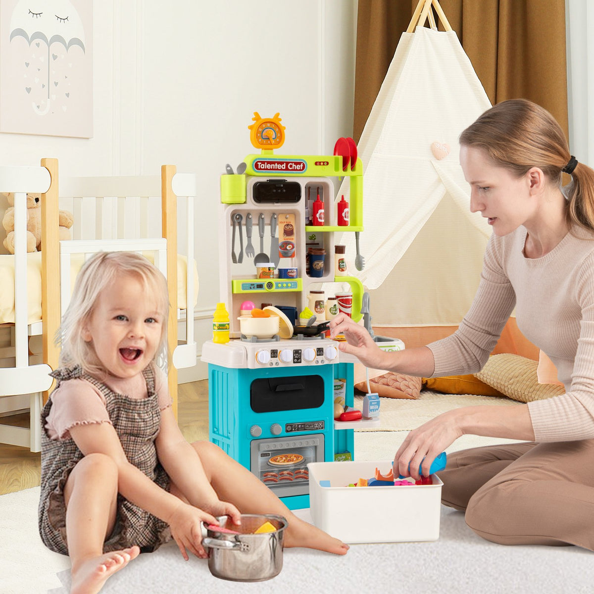 Kids Kitchen Playset Pretend Play Kitchen with Realistic Sounds and Lights-Blue view 3