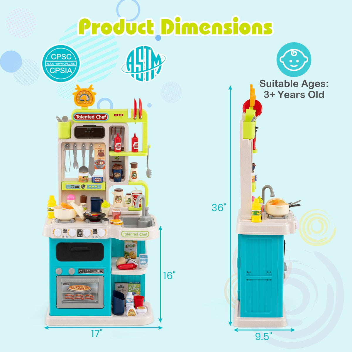 Kids Kitchen Playset Pretend Play Kitchen with Realistic Sounds and Lights-Blue view 5