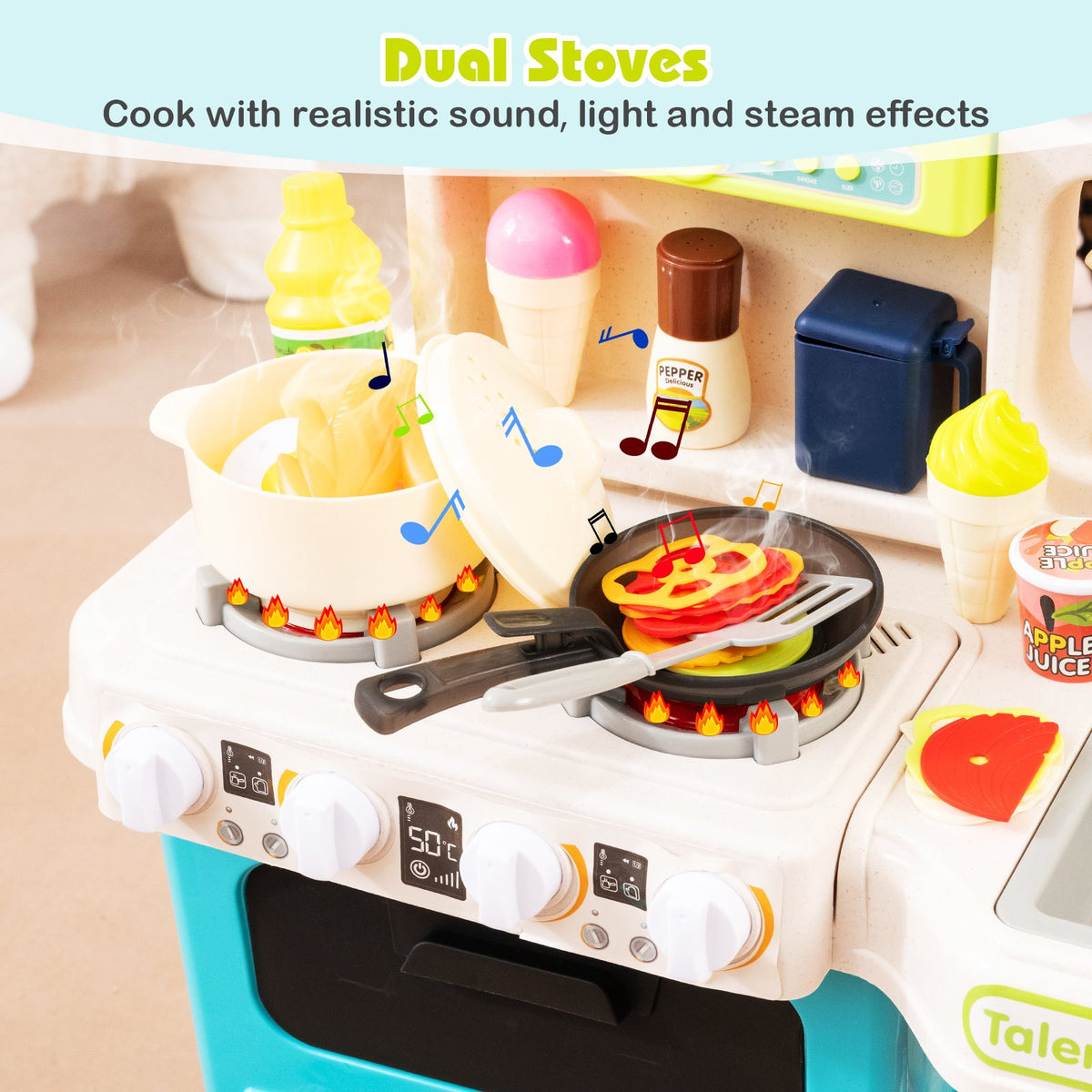 Kids Kitchen Playset Pretend Play Kitchen with Realistic Sounds and Lights-Blue view 7