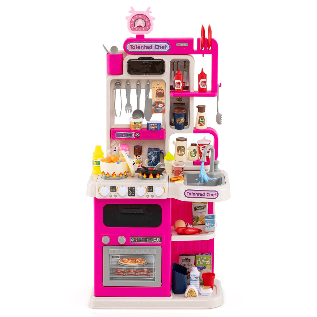 Kids Kitchen Playset Pretend Play Kitchen with Realistic Sounds and Lights-Pink