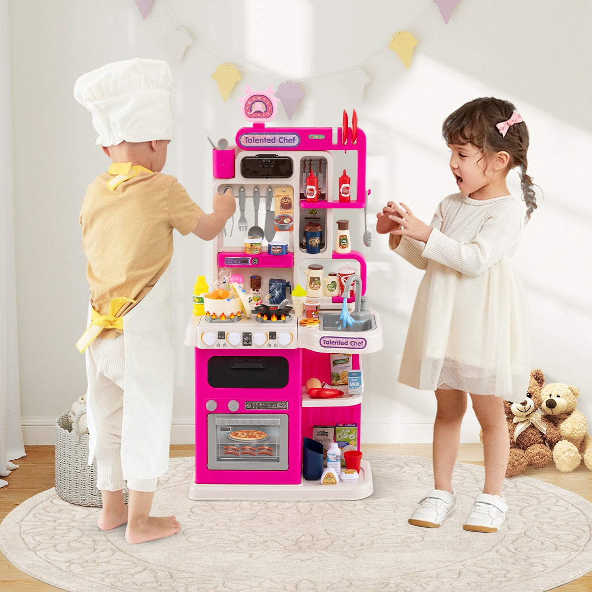 Kids Kitchen Playset Pretend Play Kitchen with Realistic Sounds and Lights-Pink view 2