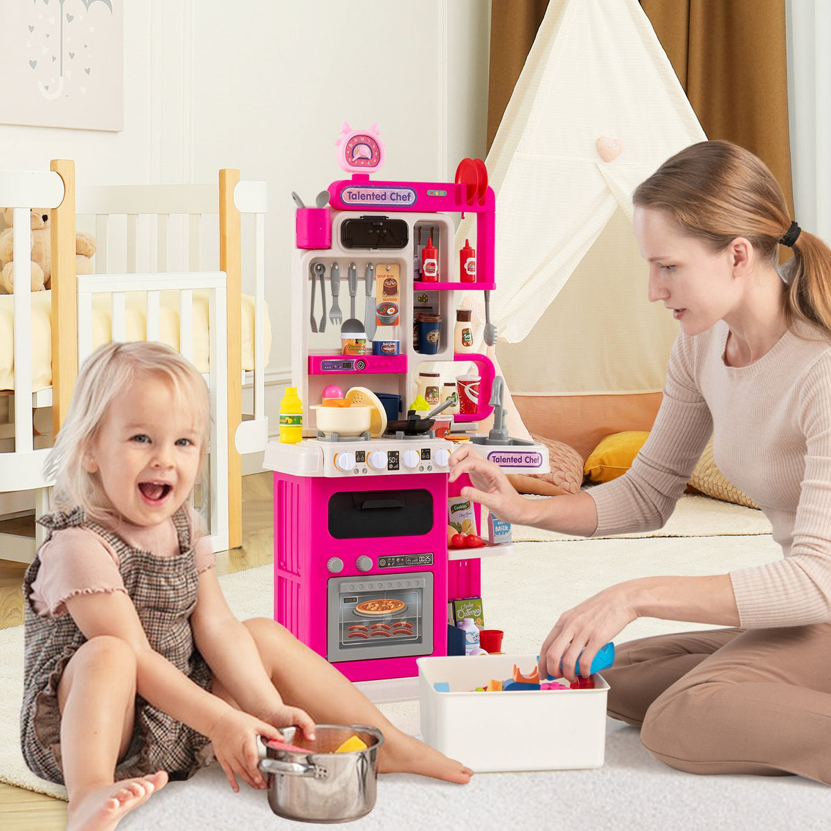 Kids Kitchen Playset Pretend Play Kitchen with Realistic Sounds and Lights-Pink view 3