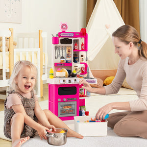 Kids Kitchen Playset Pretend Play Kitchen with Realistic Sounds and Lights-Pink view 3