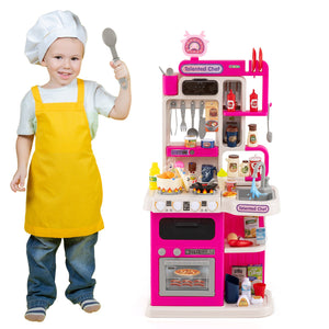 Kids Kitchen Playset Pretend Play Kitchen with Realistic Sounds and Lights-Pink view 4
