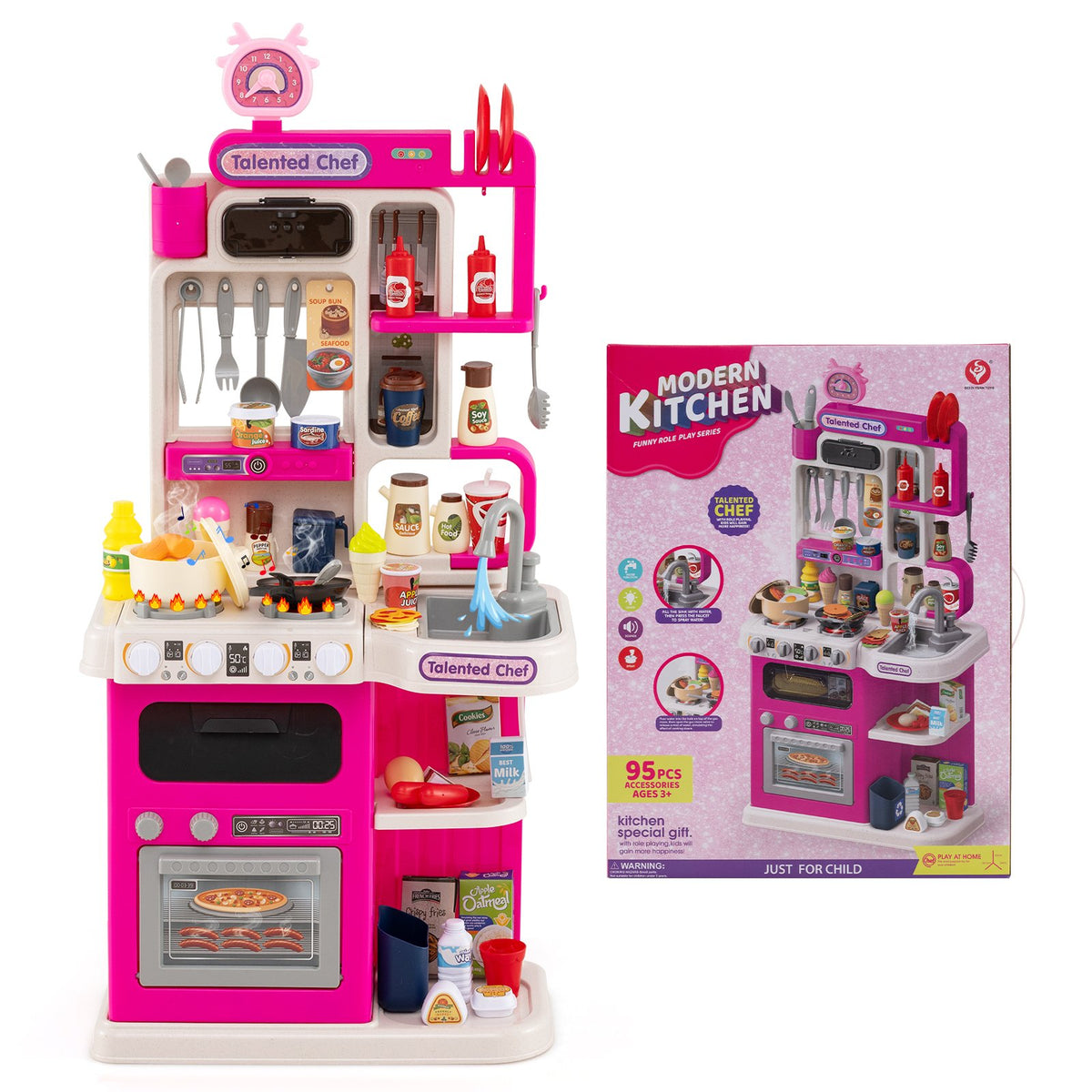 Kids Kitchen Playset Pretend Play Kitchen with Realistic Sounds and Lights-Pink view 6