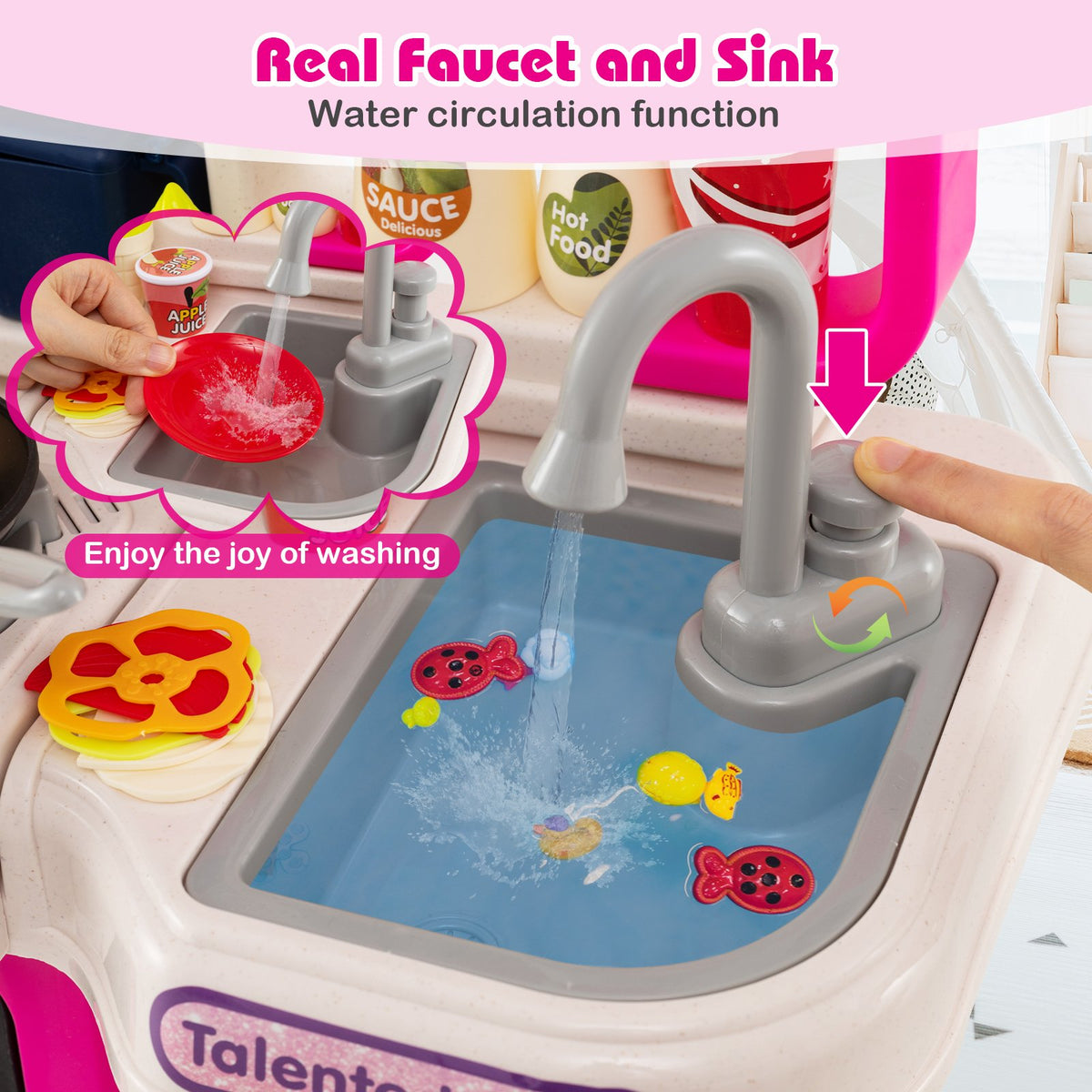 Kids Kitchen Playset Pretend Play Kitchen with Realistic Sounds and Lights-Pink view 8