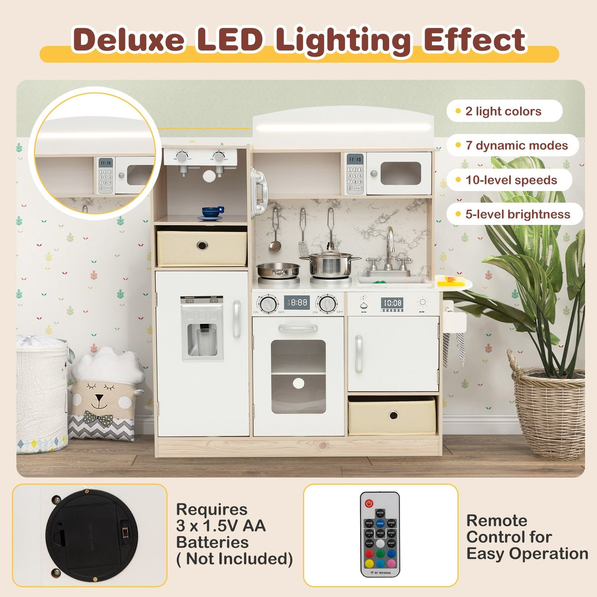Kids Kitchen Playset with Adjustable LED Lights Removable Fabric Bins-White view 8