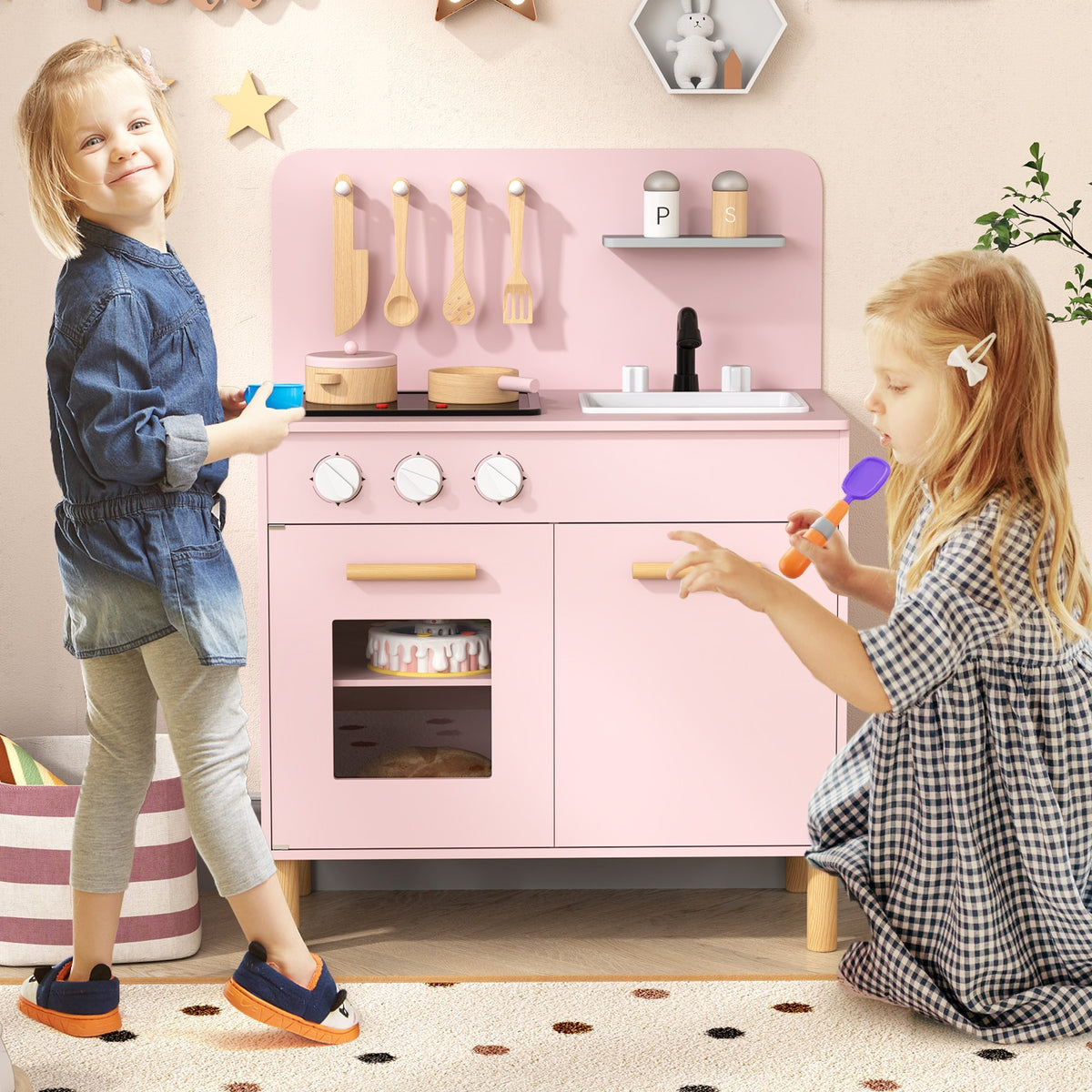 Kids Kitchen Playset with Cooking Accessories and Storage-Pink view 3