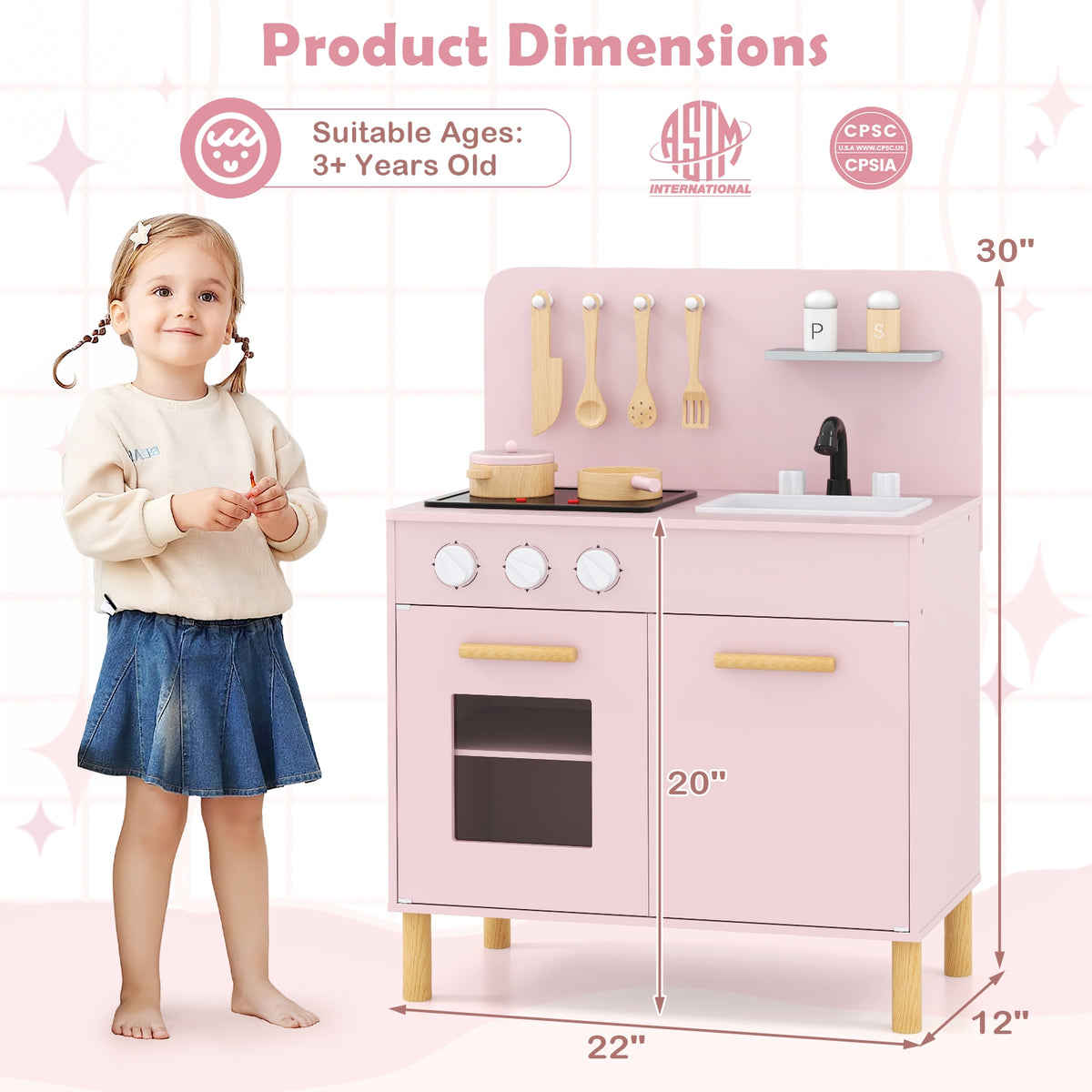 Kids Kitchen Playset with Cooking Accessories and Storage-Pink view 5