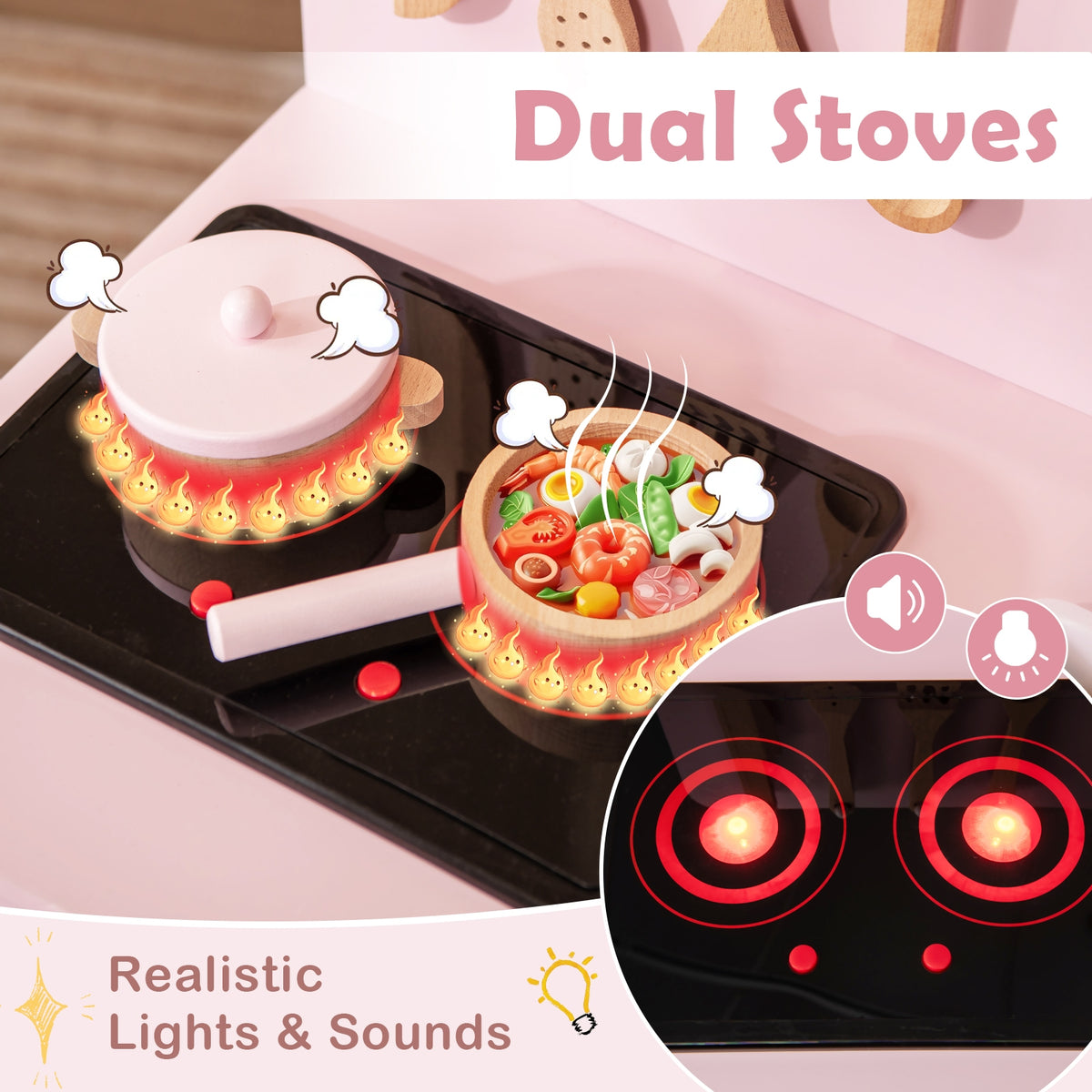 Kids Kitchen Playset with Cooking Accessories and Storage-Pink view 6
