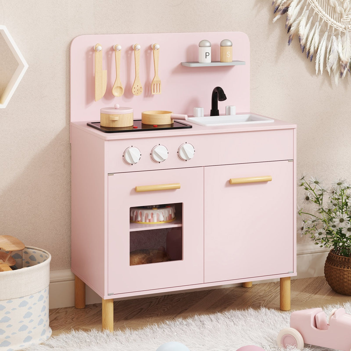 Kids Kitchen Playset with Cooking Accessories and Storage-White view 5