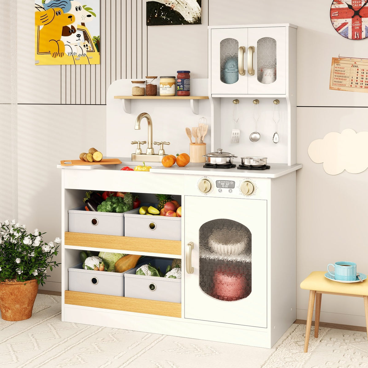 Kids Kitchen Playset with Cooking Accessories and Toy Cuttable Veggies-White view 2