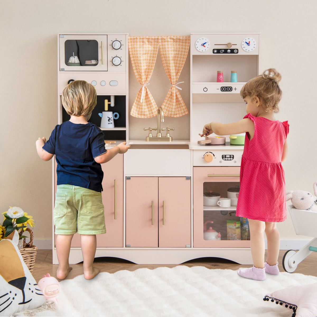 Kids Kitchen Playset with Microwave and Coffee Maker for Ages 3+-Pink view 2
