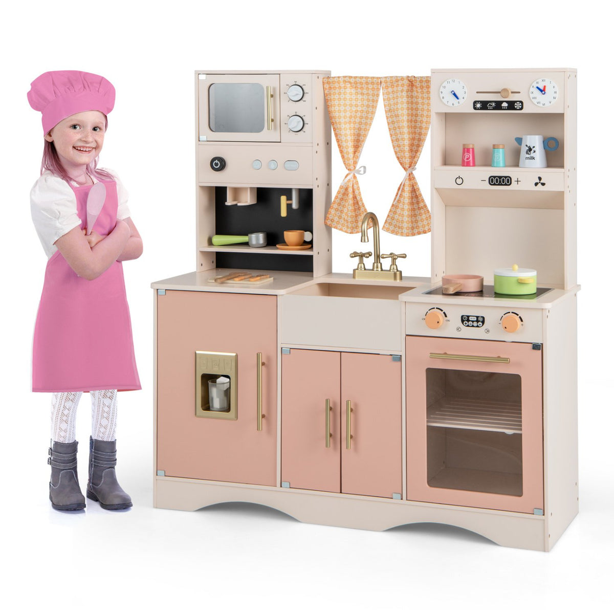 Kids Kitchen Playset with Microwave and Coffee Maker for Ages 3+-Pink view 3