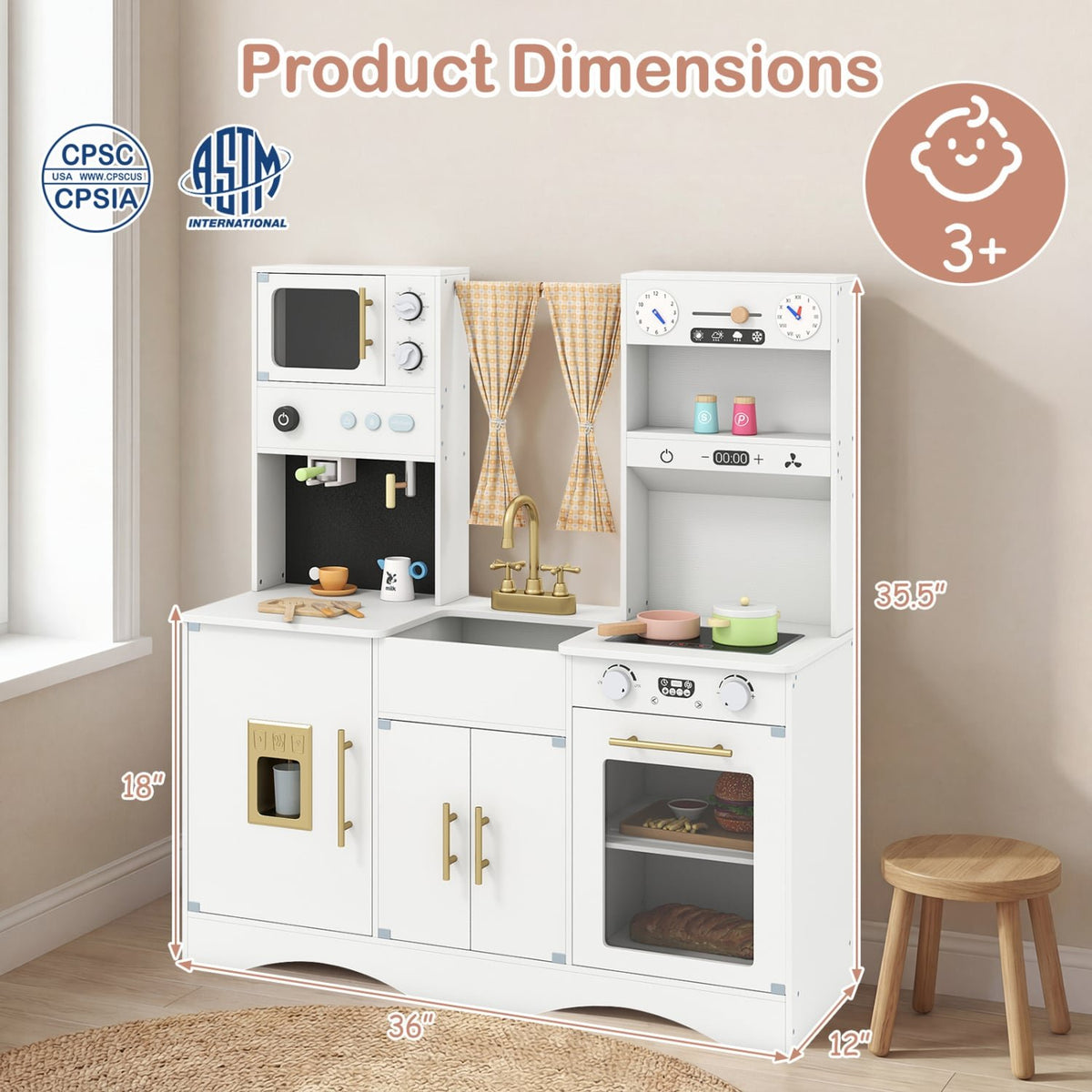 Kids Kitchen Playset with Microwave and Coffee Maker for Ages 3+-White view 5