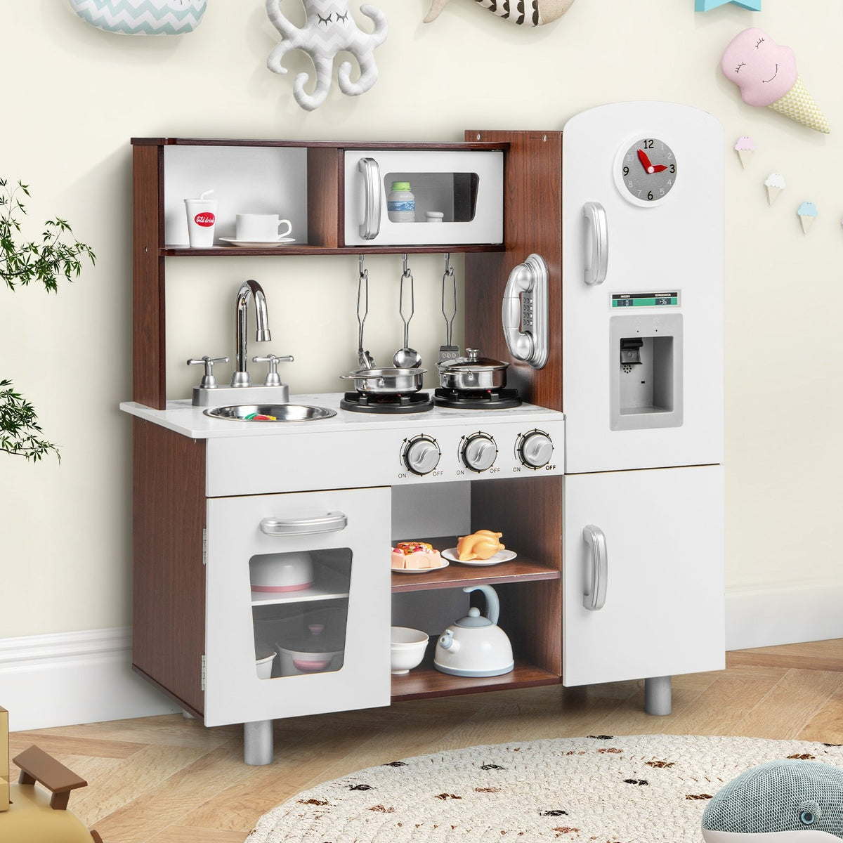 Kids Kitchen Playset with Realistic Sounds and Lights-Brown & White view 2
