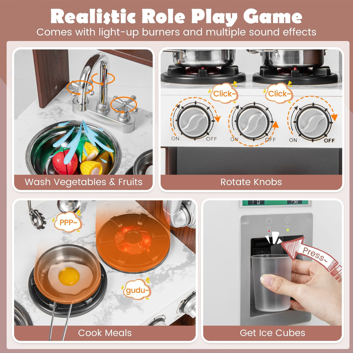 Kids Kitchen Playset with Realistic Sounds and Lights-Brown & White view 7