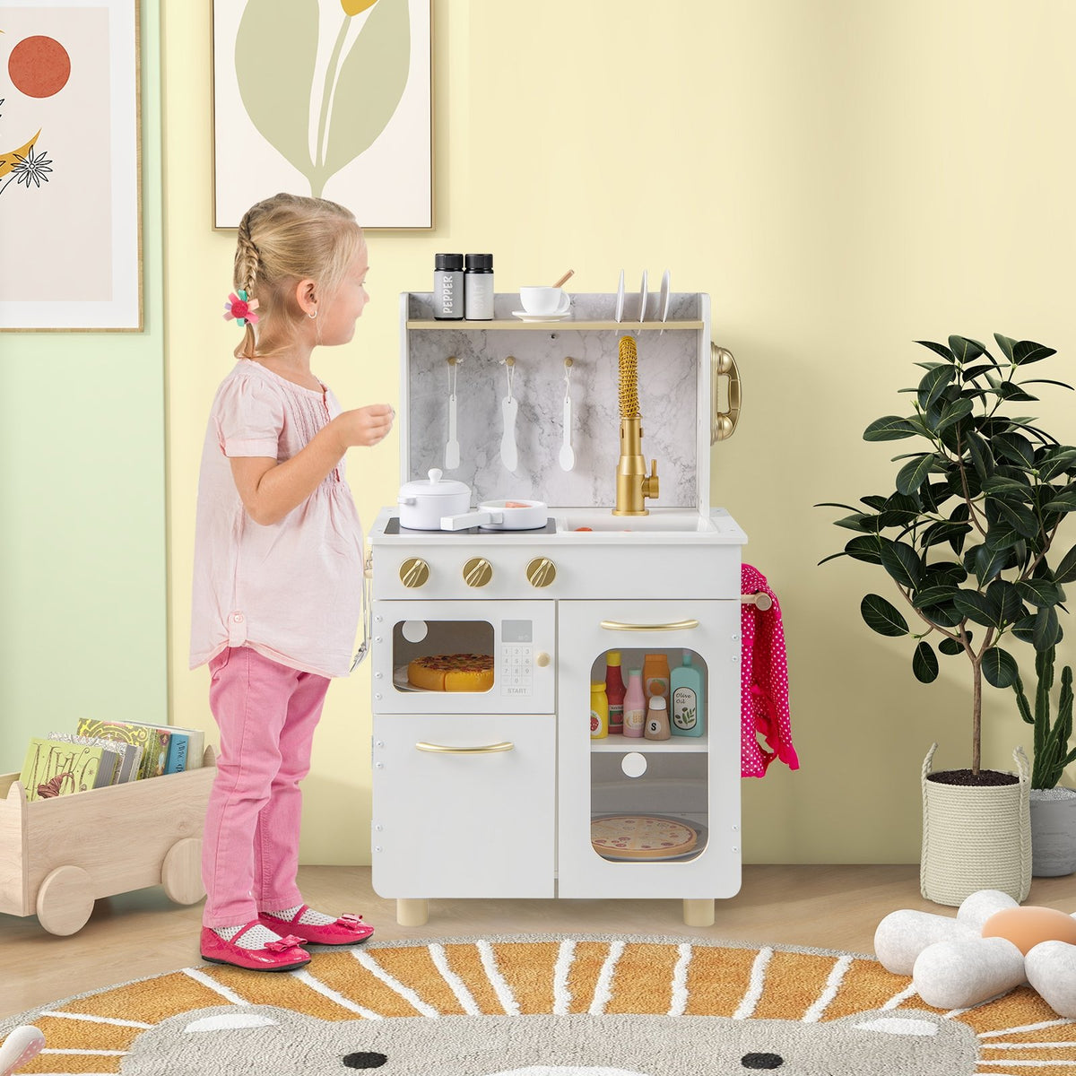 Kids Kitchen Set Pretend Play Kitchen with Stoves Faucet Sink Telephone Microwave and Oven-White view 2