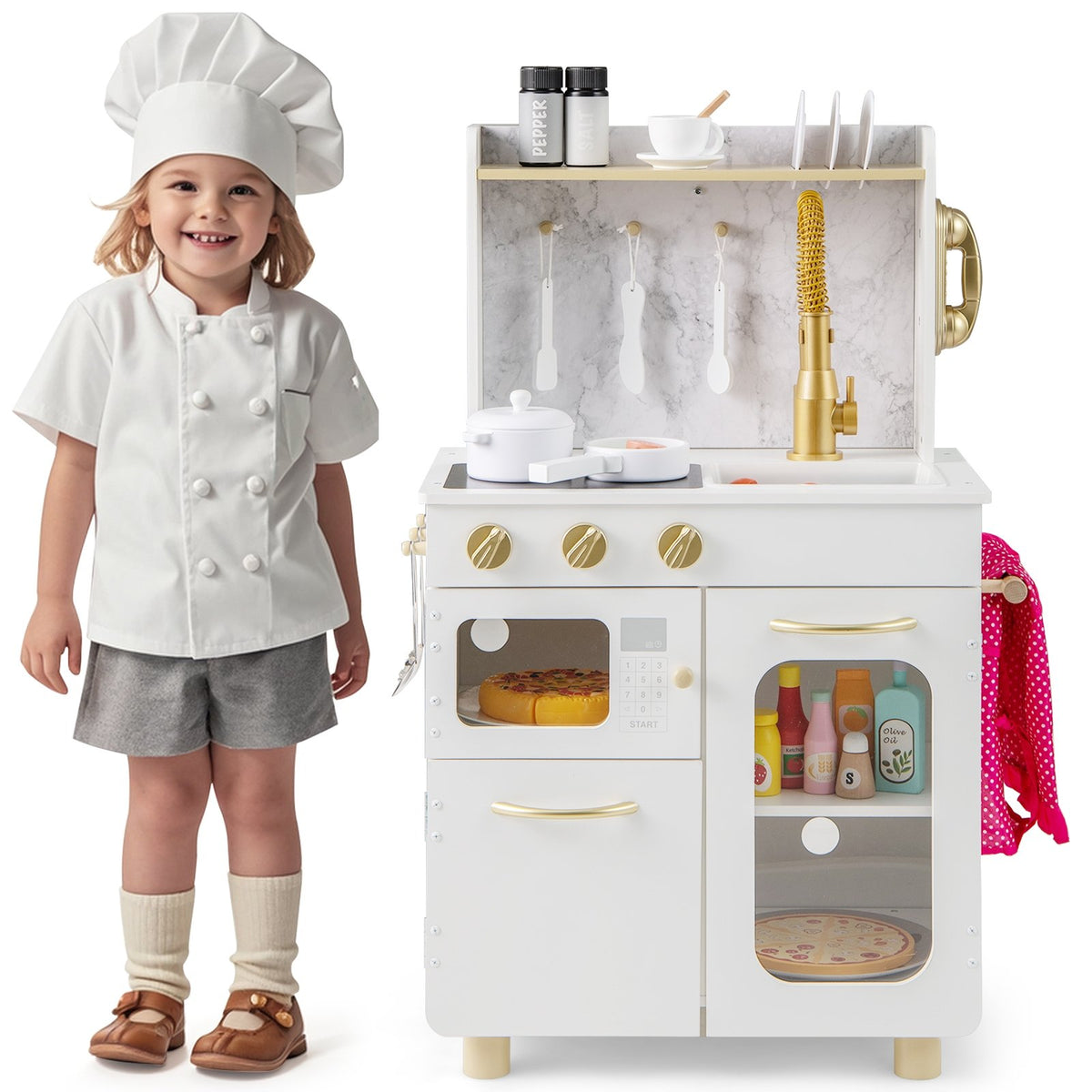 Kids Kitchen Set Pretend Play Kitchen with Stoves Faucet Sink Telephone Microwave and Oven-White view 3