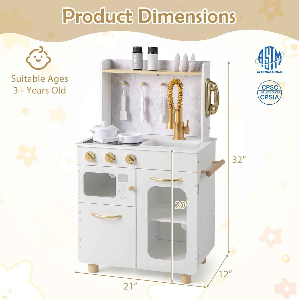 Kids Kitchen Set Pretend Play Kitchen with Stoves Faucet Sink Telephone Microwave and Oven-White view 4