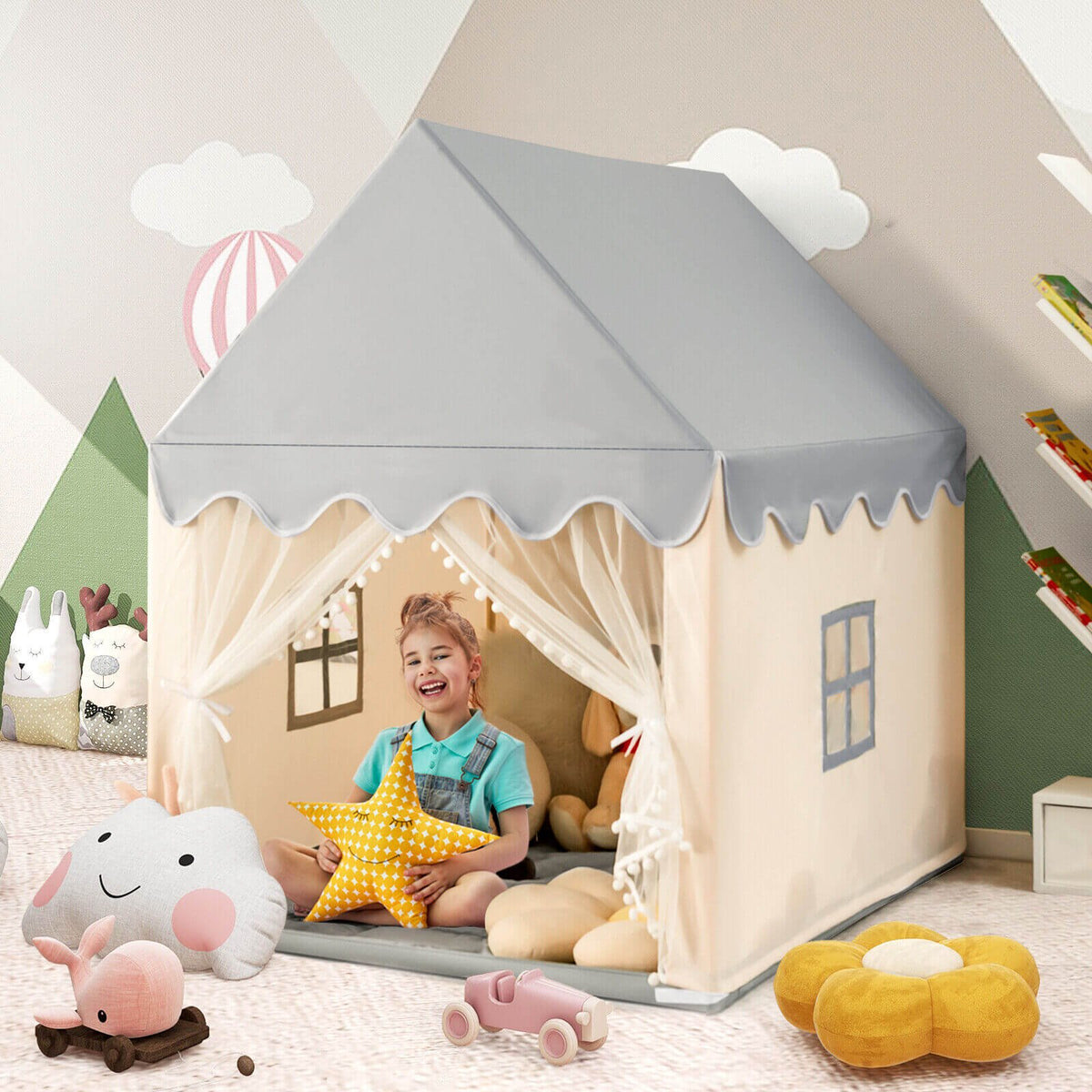 Kids Large Play Castle Fairy Tent with Mat-Beige view 3