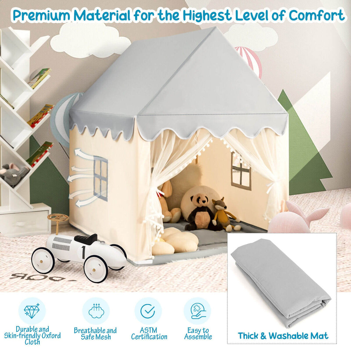 Kids Large Play Castle Fairy Tent with Mat-Beige view 8