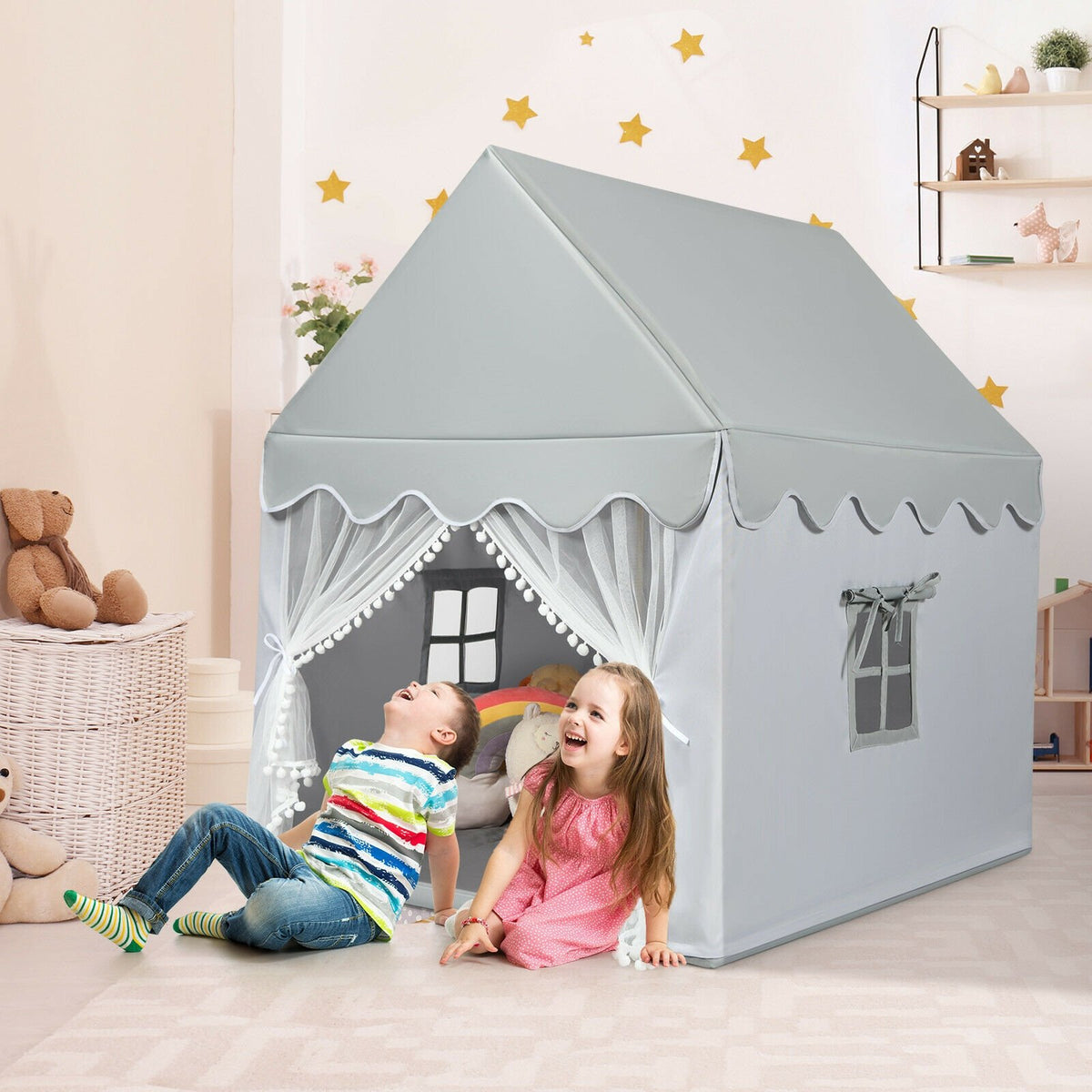 Kids Large Play Castle Fairy Tent with Mat-Gray view 2