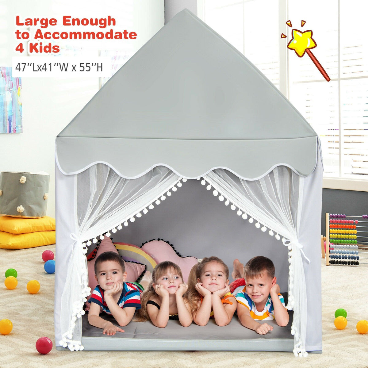 Kids Large Play Castle Fairy Tent with Mat-Gray view 5