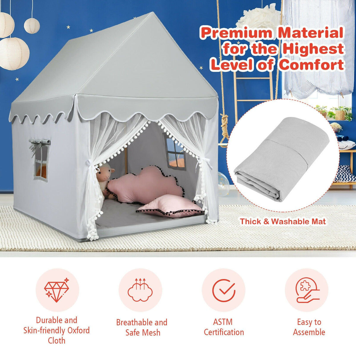 Kids Large Play Castle Fairy Tent with Mat-Gray view 7