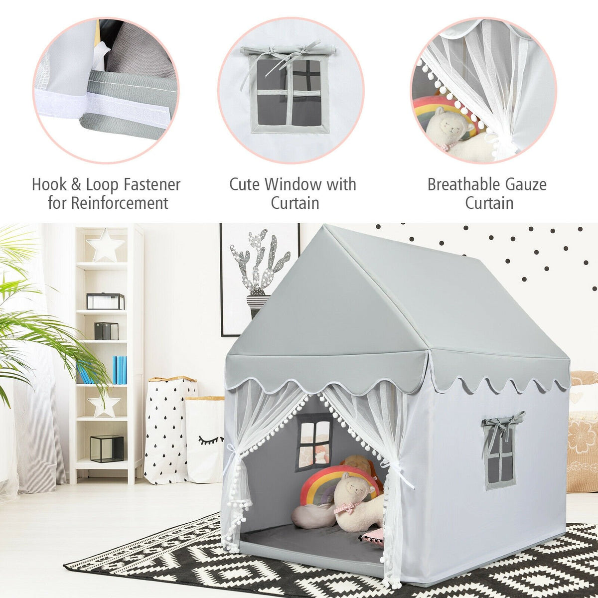 Kids Large Play Castle Fairy Tent with Mat-Gray view 8