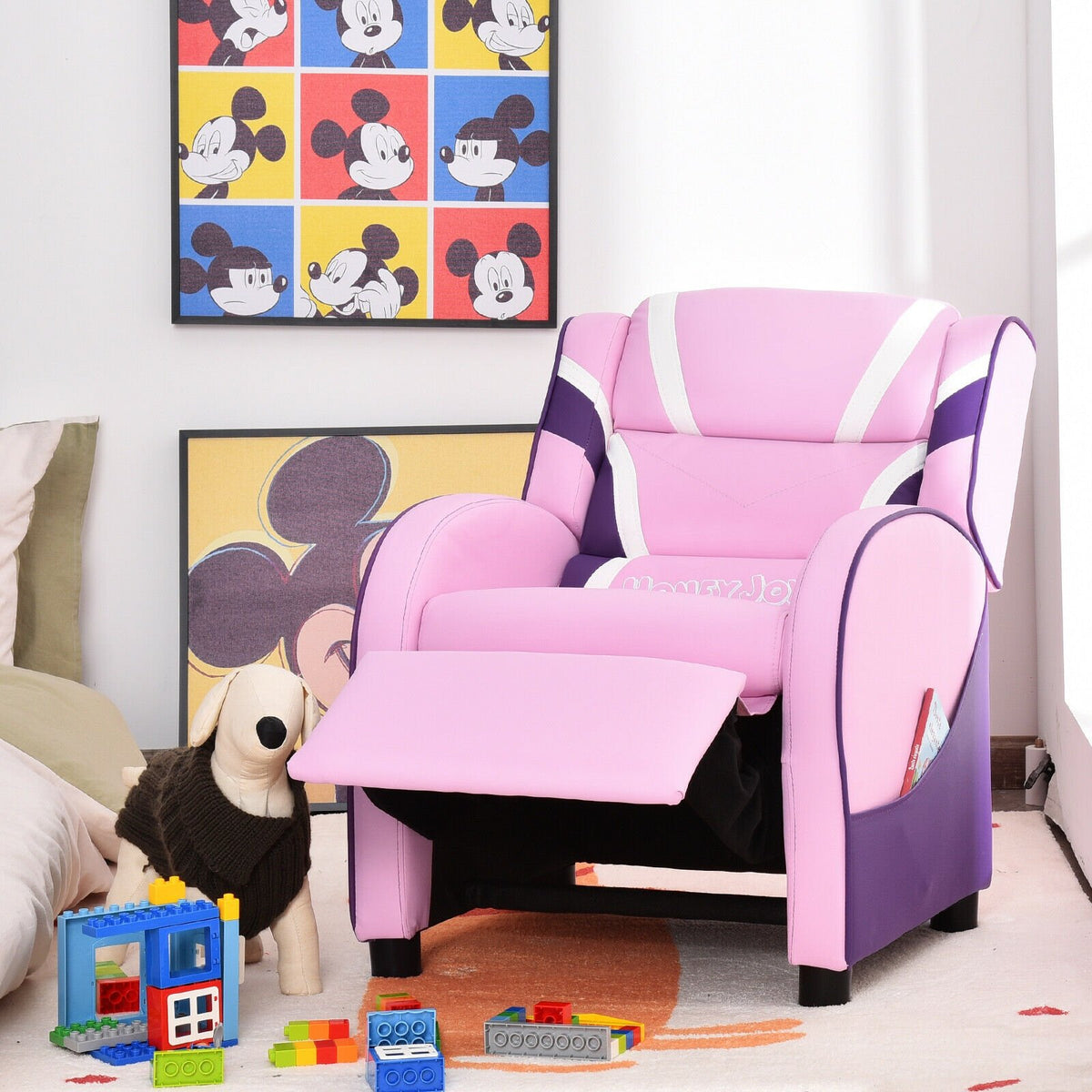 Kids Leather Recliner Chair with Side Pockets-Pink view 2