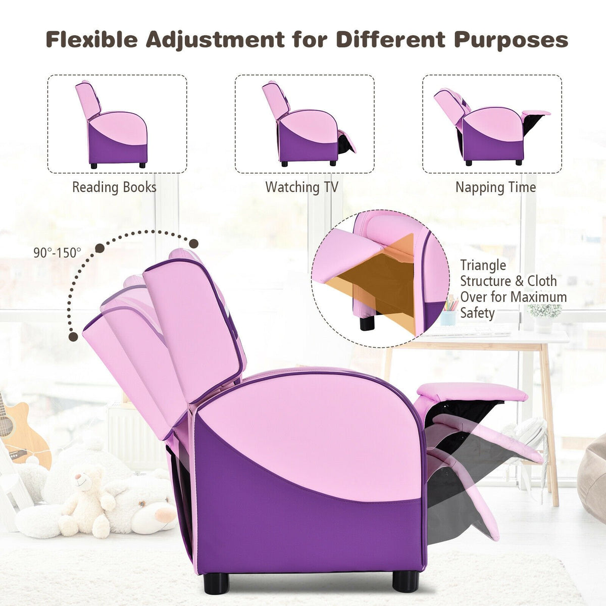 Kids Leather Recliner Chair with Side Pockets-Pink view 8