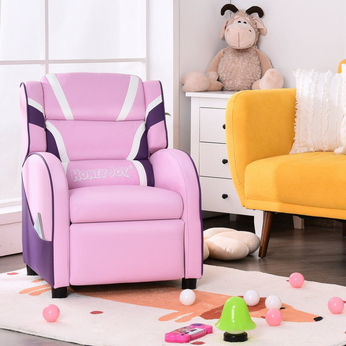 Kids Leather Recliner Chair with Side Pockets-Pink view 9