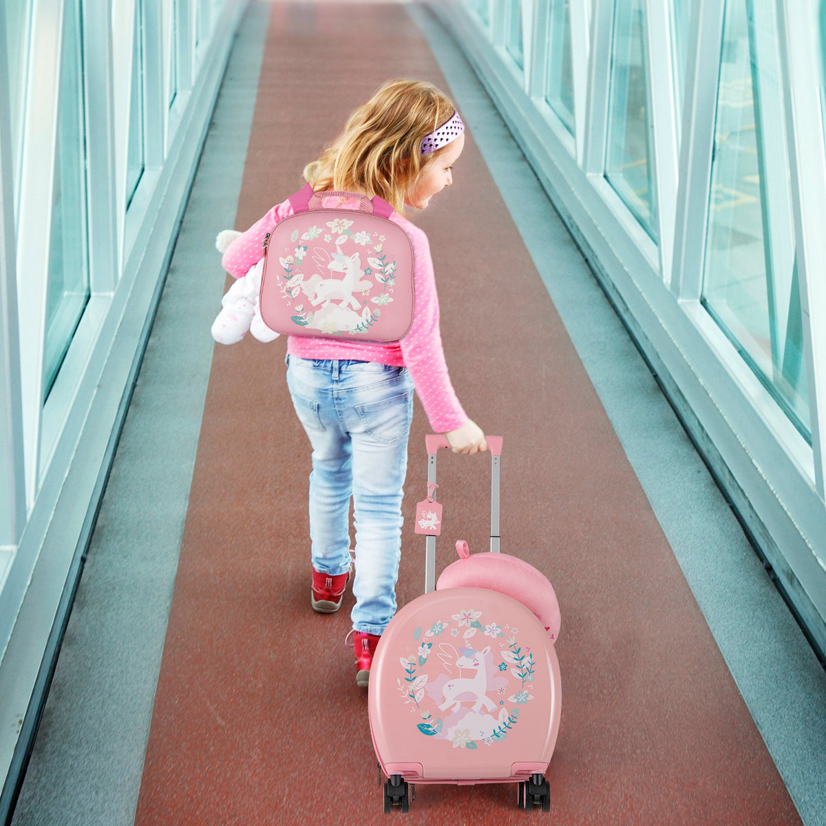 Kids Luggage Set with 14 Inches Carry-on Hardside Spinner Toddler Luggage and 10 Inches Backpack-Pink view 2