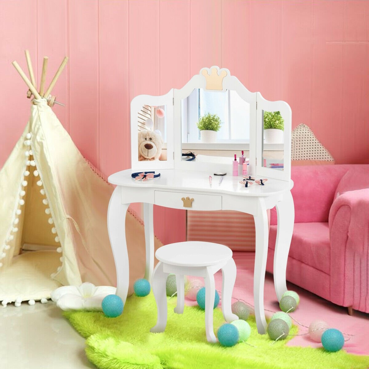 Kids Makeup Dressing Table with Tri-folding Mirror and Stool-White view 2