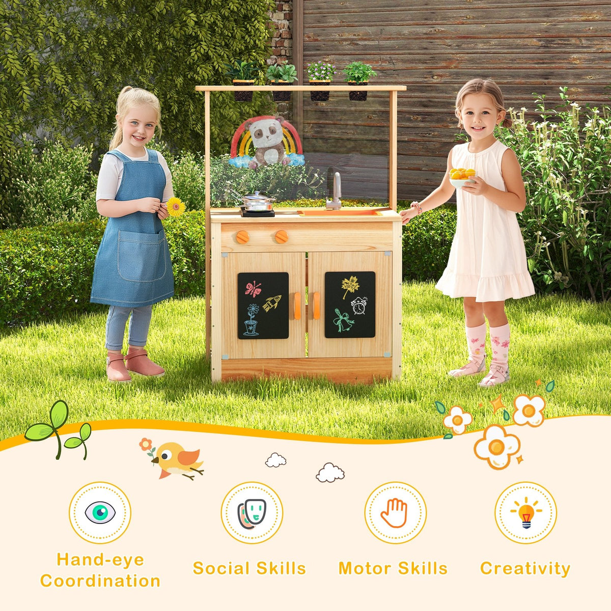 Kids Mud Kitchen Fir Wood Playset with Planting Pots and Blackboards-Natural view 2