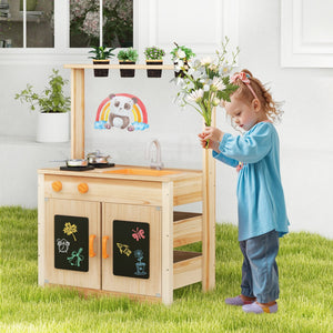 Kids Mud Kitchen Fir Wood Playset with Planting Pots and Blackboards-Natural view 3