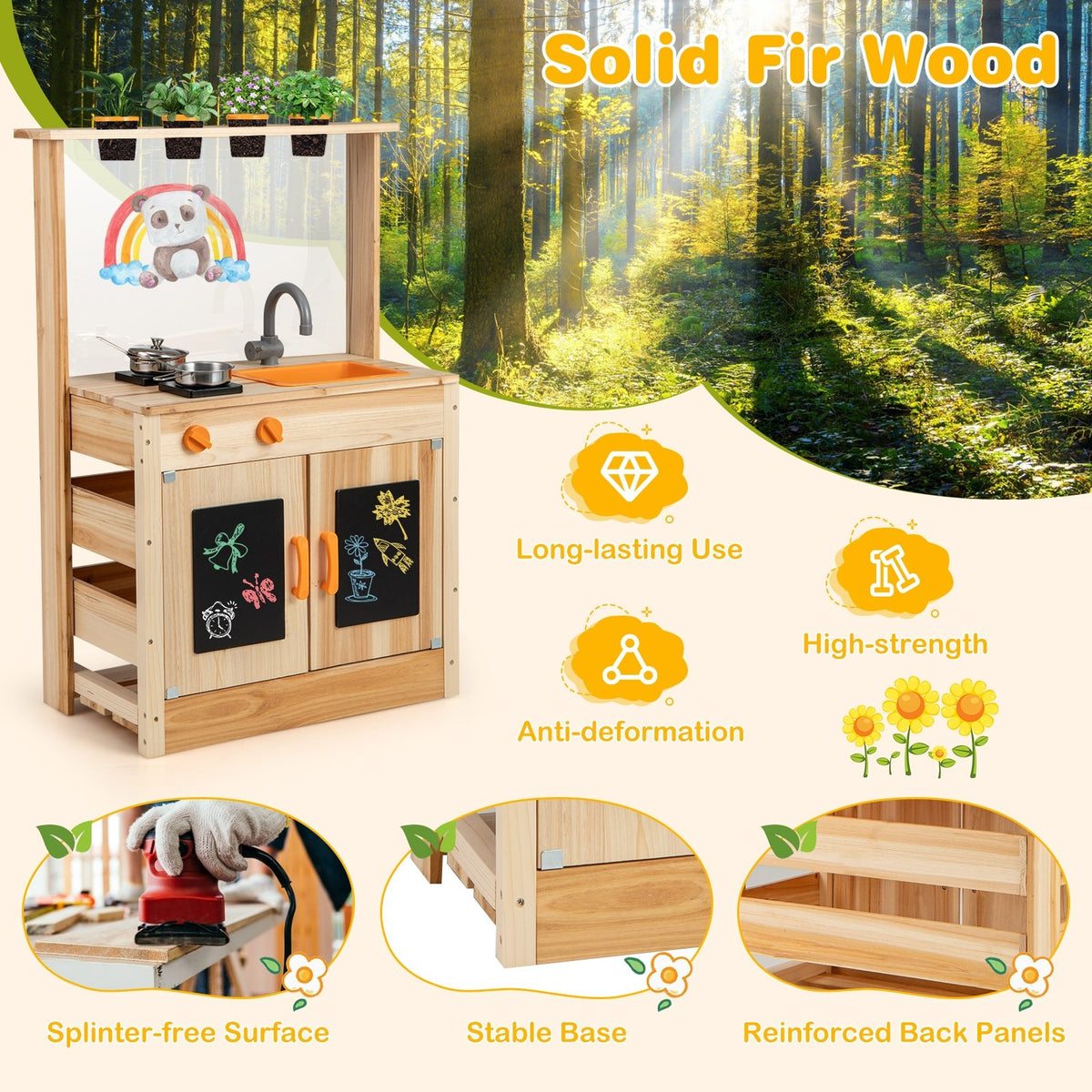 Kids Mud Kitchen Fir Wood Playset with Planting Pots and Blackboards-Natural view 5