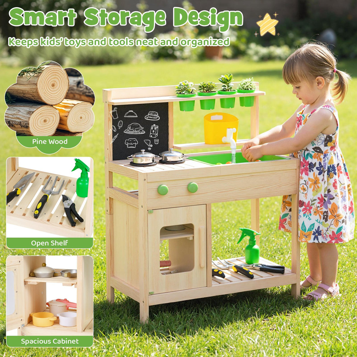 Kids Mud Kitchen Play Pretend Kitchen with Chalkboard for Kids Aged 3+ view 9